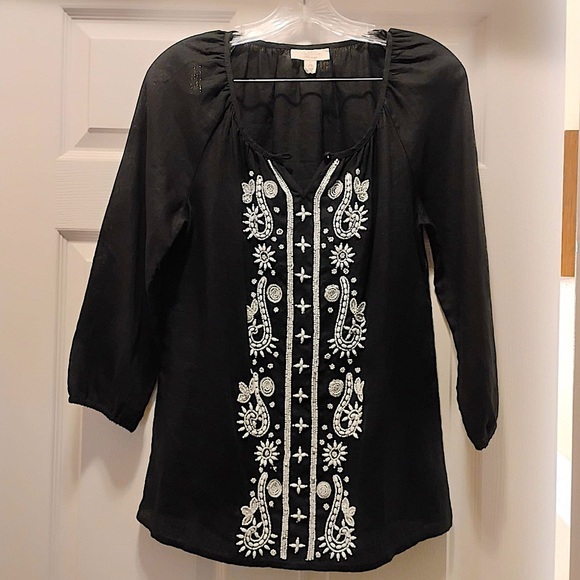 Charter Club Luxury Linen Black Blouse White Beaded Top 3/4 Sleeves Size S - Picture 1 of 3